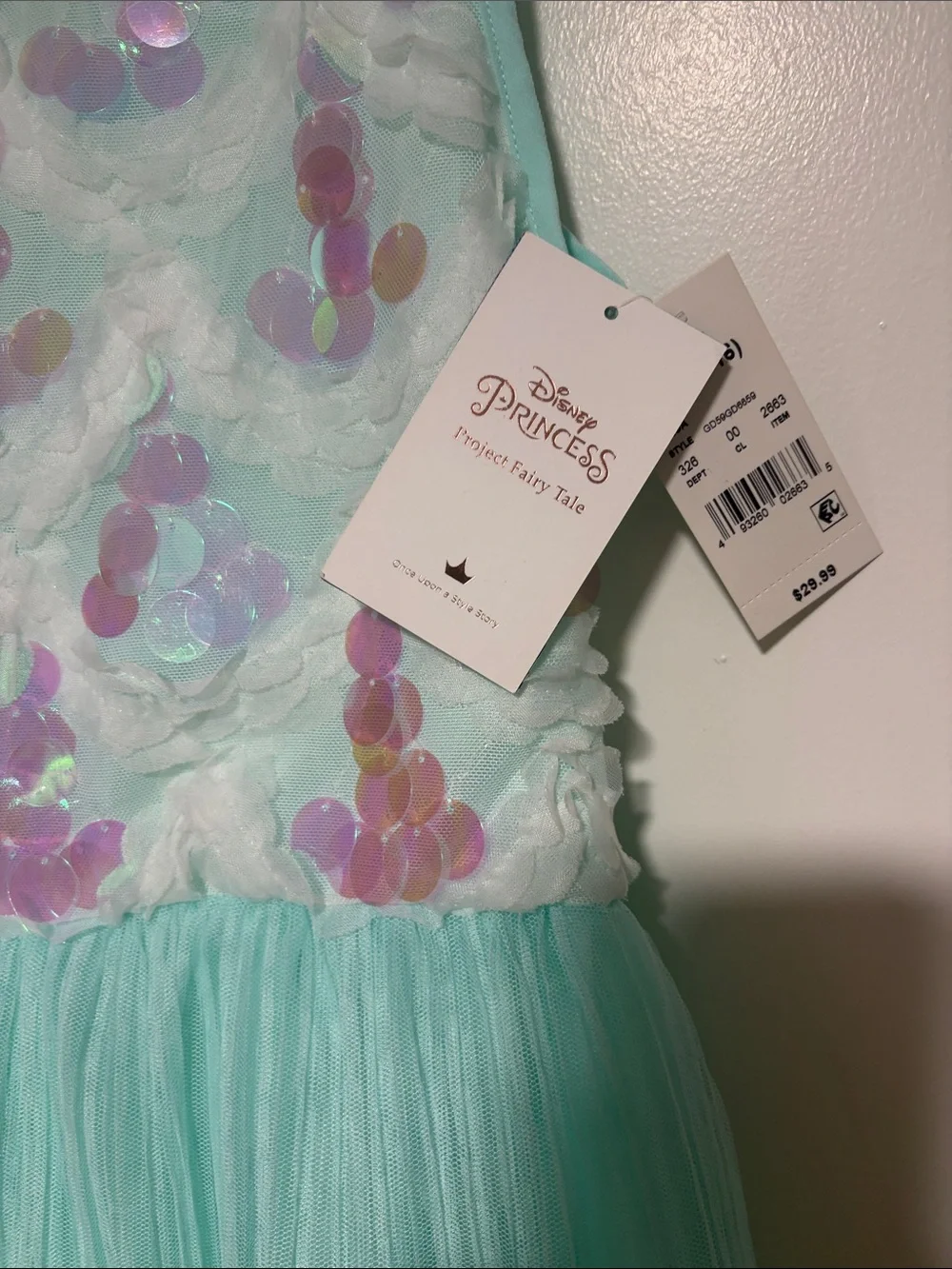 NWT- Disney new Girls' Light Aqua Sequin Bodice Party Dress Aqua color.